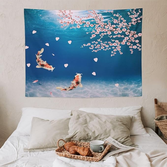 Japanese Koi Fish Tapestry, Cherry Blossoms Asian Oriental Blue Floral Branch Koi Fish Carp Tapestries Wall Hanging for Bedroom Living Room Office Decor 40"x30"-Ruum Studio Home
