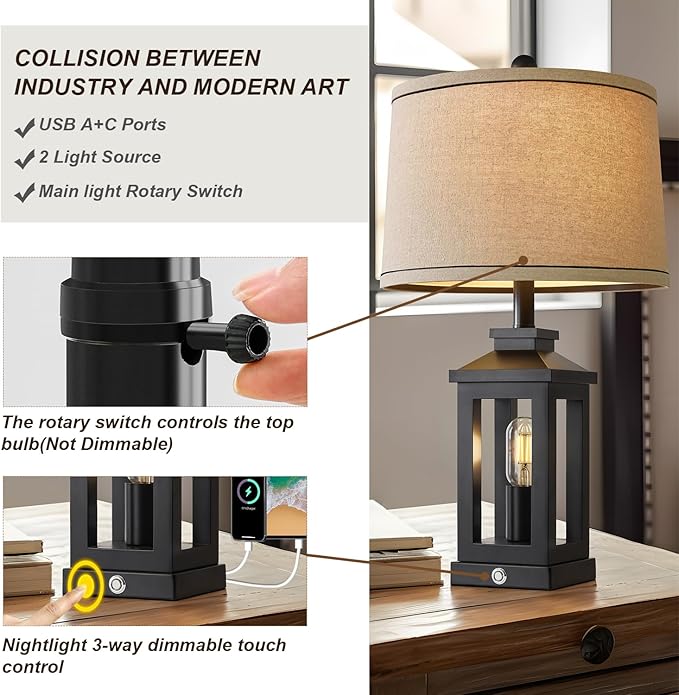 23.75" Retro Farmhouse Black Table Lamp for Living Room Bedroom Nightstand Set of 2 Touch Control Bedside Nightlight Vintage Modern Lamp with USB C+A Ports and 2 Light Sources-Ruum Studio Home