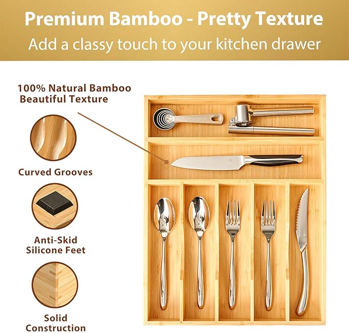 Umilife Bamboo Kitchen Drawer Organizer, 13 Inch Silverware Utensil Tray Holder, Extra Deep Grooved Drawer Divider, 7 Slots Total Bamboo Wood Caddy for Flatware Cutlery Knives, Forks, Spoons-Ruum Studio Home