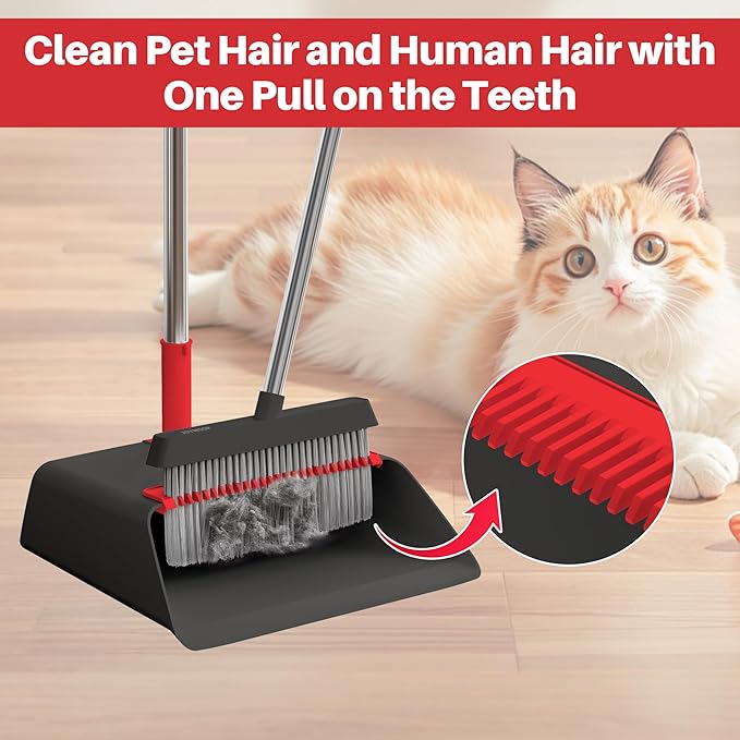 JOYMOOP Black and Red Broom and Dustpan Set, Upright Angle Design with Built-in Comb Teeth for Home, Office, Hard Floors-Ruum Studio Home