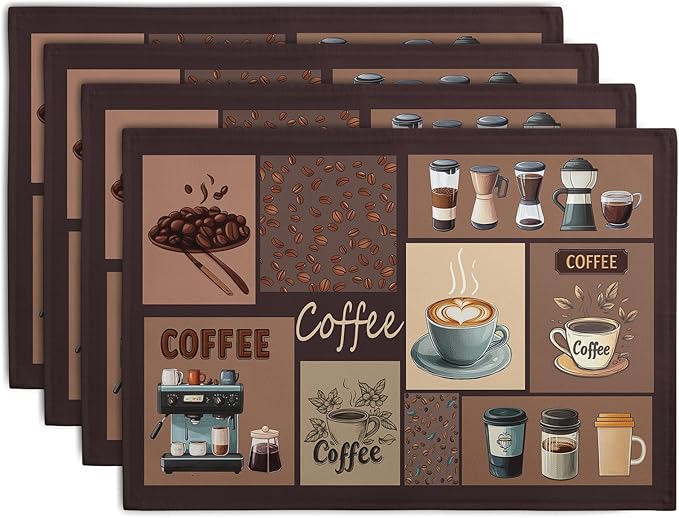 Coffee Theme Placemats Set of 4 Farmhouse Style Brown Linen Fabric Table Mat 12x18 Inch Washable Heat Resistant Non-Slip Place Mats for Home Party Kitchen Dining Decor-Ruum Studio Home