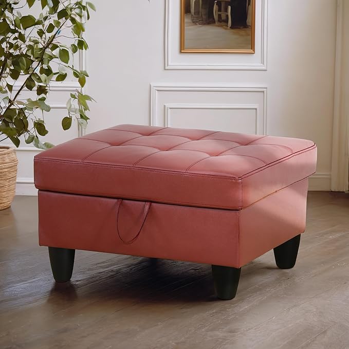 Ottoman Rectangular Storage Ottoman Bench, Faux Leather Footrest, Coffee Table, Stool Footstool with Hinged Lid for Living Room, Bedroom, Entryway, Red, 35"x23.5"x17.5"-Ruum Studio Home