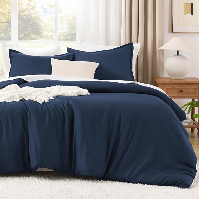 Litanika Navy Blue Comforters Oversized Queen Size, 3 Pieces Lightweight Solid Bedding Comforter Set, All Season Fluffy Bed Set (98x98In Comforter & 2 Pillowcases)-Ruum Studio Home