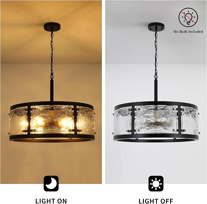 23.6" Large Farmhouse Drum Black Chandelier, 6-Light Vintage Round Glass Chandeliers for Dining Room, Industrial Light Fixture for Kitchen Living Room Stairwell, Clear Waterglass Drum Shade-Ruum Studio Home