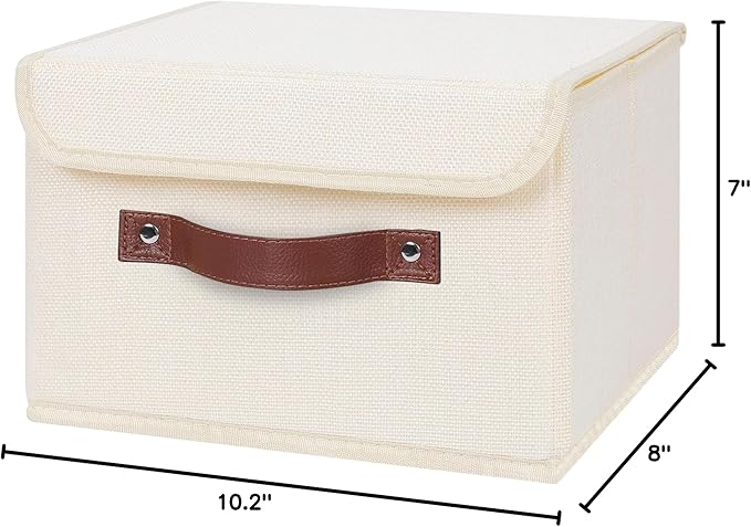 ANMINY 4PCS Storage Bins with Lid PU Leather Handles Storage Boxes PP Plastic Board Decorative Foldable Lidded Cotton Linen Fabric Home Cubes Baskets Closet Organizer Containers - Beige, Small Size-Ruum Studio Home