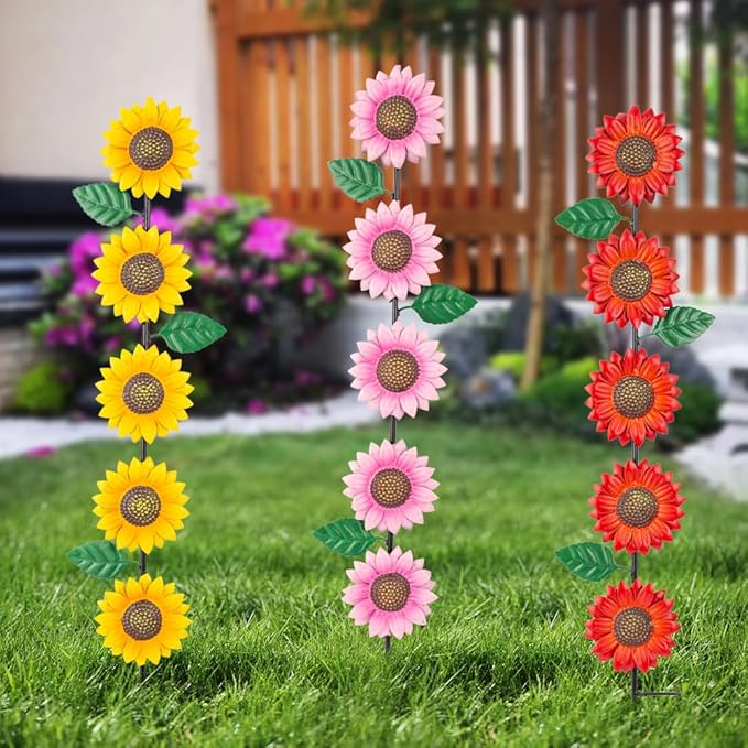 3 Pack Sunflowers Garden Stakes Decor,Metal Yard Art Decorative Garden Stakes,Metal Flowers Spring Garden Decor for Outside,Landscape,Patio(22.6 * 4.7IN)-Ruum Studio Home