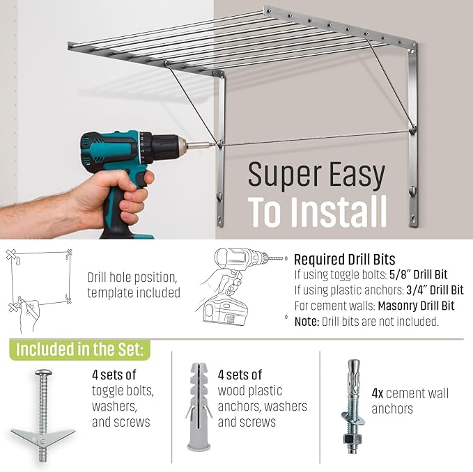 Smartsome | Wall Mounted | Clothes Drying Rack | 30" Wide | 20 Linear Feet Capacity | 8 Smooth Round Stainless Steel Rods | 60 lb Capacity | Fully Assembled | Compact Sturdy Space-Saving Design-Ruum Studio Home