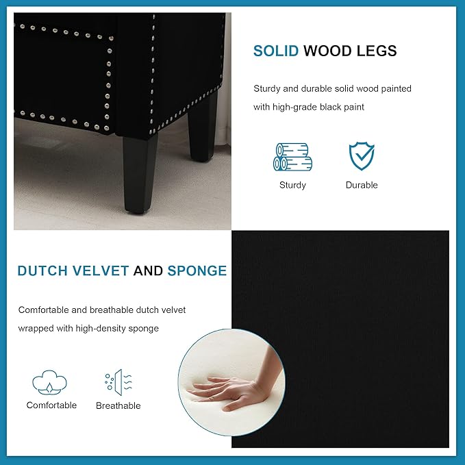 Storage Ottoman Bench, Velvet Upholstered Footstool for Bedroom and Living Room, Tufted Seat with Storage, Wooden Legs & Metal Rivets, Black-Ruum Studio Home