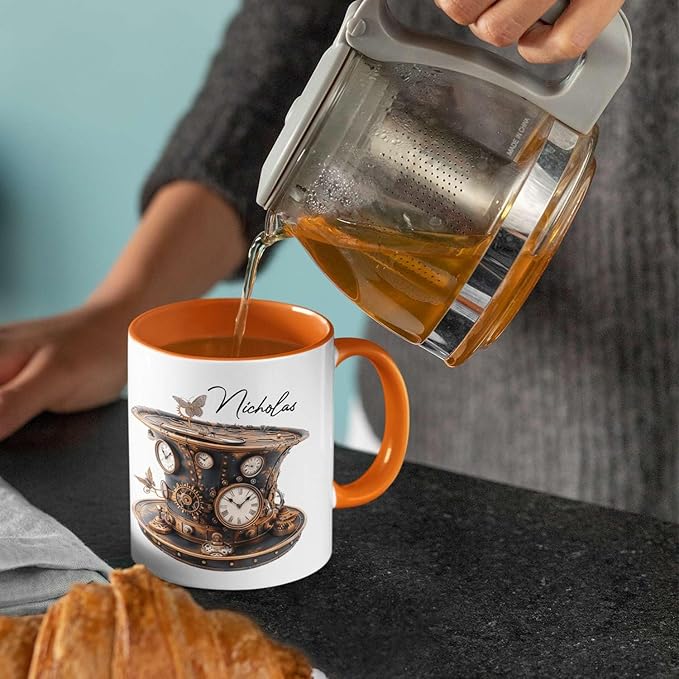 Personalized Coffee Mug Gift For Men, Customized Choose Name White Cup 11oz Or 15oz, Unique Steampunk Design Ceramic Cup, Custom Clock Themed Decorative Cup, Steampunk Decor Mug-Ruum Studio Home