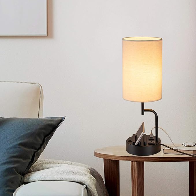 Dreamholder Table Lamp with 3 USB Charging Ports, Modern Desk Lamp with AC Outlet and Phone Stands, Perfect Bedside Lamp for Bedroom, Living Room, Office (Pack of 2), Cream-Ruum Studio Home