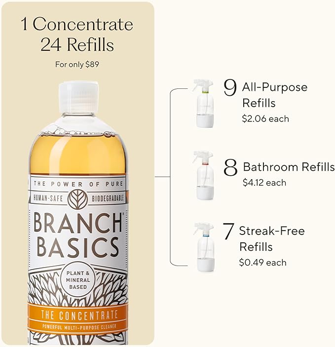 Branch Basics Cleaning Essentials Kit in Glass: All Purpose Cleaner and Bathroom Cleaner - Concentrate (33.8 Oz) + Glass Spray Bottles for Cleaning (16 Oz) Fragrance-Free-Ruum Studio Home