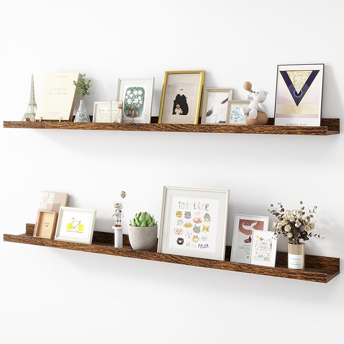 Picture Ledge Shelf, Wood Long Floating Shelves for Wall, Set of 2, 48 inch Picture Ledge Shelves, Photo Ledge Nursery Book Shelves Wall Mounted for Living Room Kids' Room Bedroom, Color Brown-Ruum Studio Home