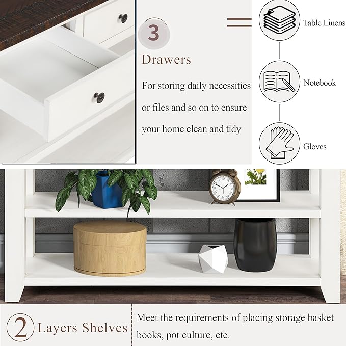 Solid Wood Console Table,Sofa Table with Storage Drawers and Bottom Shelf,Entryway Table for Entry Hallway Foyer Sofa Couch Table,Fully Assembled (48.8" Antique White)-Ruum Studio Home