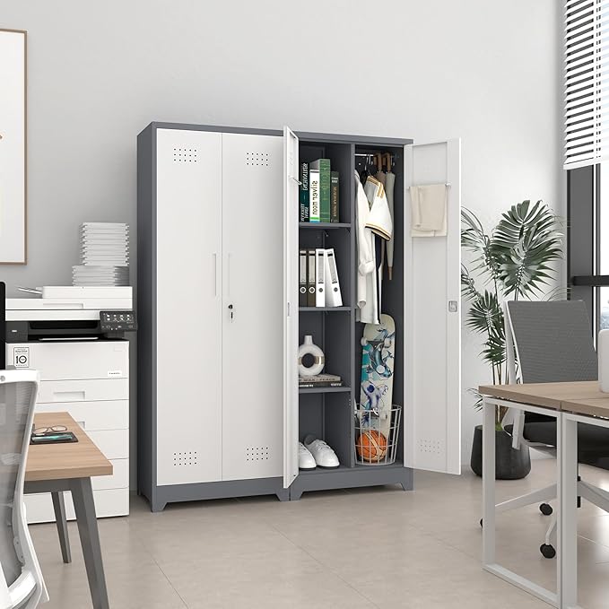 Locking Cabinet,Metal Storage Cabinet with Doors and Shelves,Broom Closet Storage Cabinets for Bedroom,Home Office,Grey-White-Ruum Studio Home