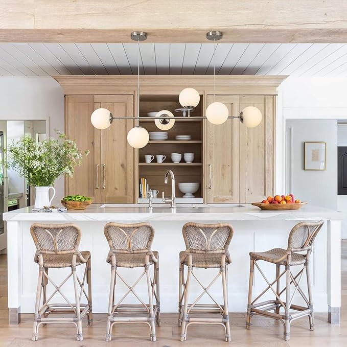KCO Modern Silver Milk Glass Pendant Light 6 Light Pendant Light Fixture Chandelier Brushed Nickel Chandelier Modern Hanging Linear Light Fixture for Dining Room Kitchen Island-Ruum Studio Home