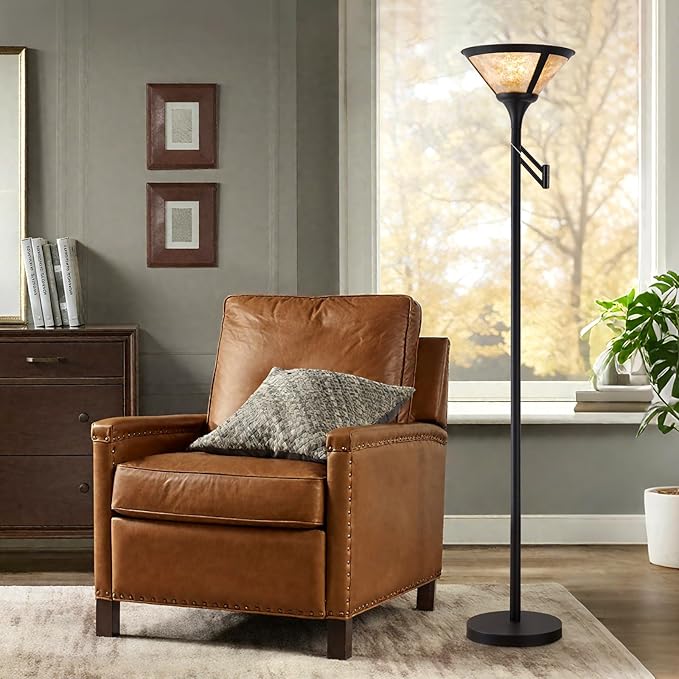 Floor Lamps for Living Room - 70" Black Torchiere Standing Floor Lamp with White Mica Shade - Tall Corner Lamp Decor for Bedroom with Adjustable Swing Arm LED Reading Light for Home Office-Ruum Studio Home