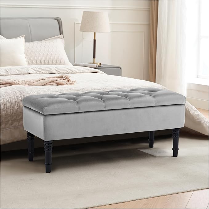 Ottoman with Storage Velvet Storage Bench Holds Up to 500 lbs Ottomans Upholstered Bench with Seating for Bedroom, Living Room, Grey-Ruum Studio Home
