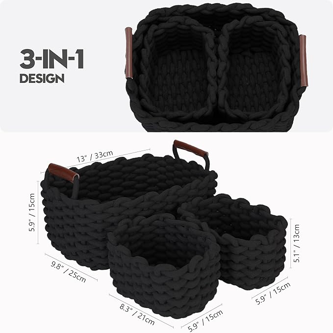 Sea Team 3-Pack Rectangle Woven Cotton Rope Storage Baskets with Handles, Shelf Basket, Closet Organizers, 3-in-1, Black-Ruum Studio Home