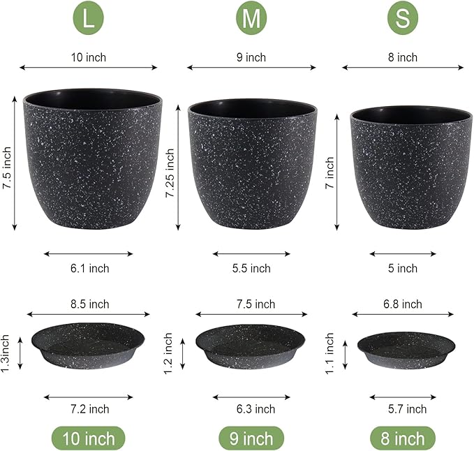 Plant Pots 10/9/8 inch, Set of 3 Modern Decorative Plastic Planters with Drainage Holes and Saucers for Garden House Plants, Flower Pots for Indoor Outdoor Plants, Speckled Black-Ruum Studio Home