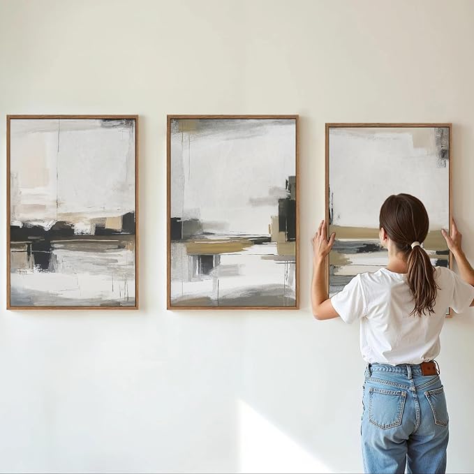 SIGNINART Beige Abstract Framed Canvas Wall Art Set, Black and White Textured Art Prints, Paint Strokes Minimalist Shapes Wall Decor, Neutral Modern Art Paintings for Living Room, Bedroom, Office 16"x24"x3-Ruum Studio Home