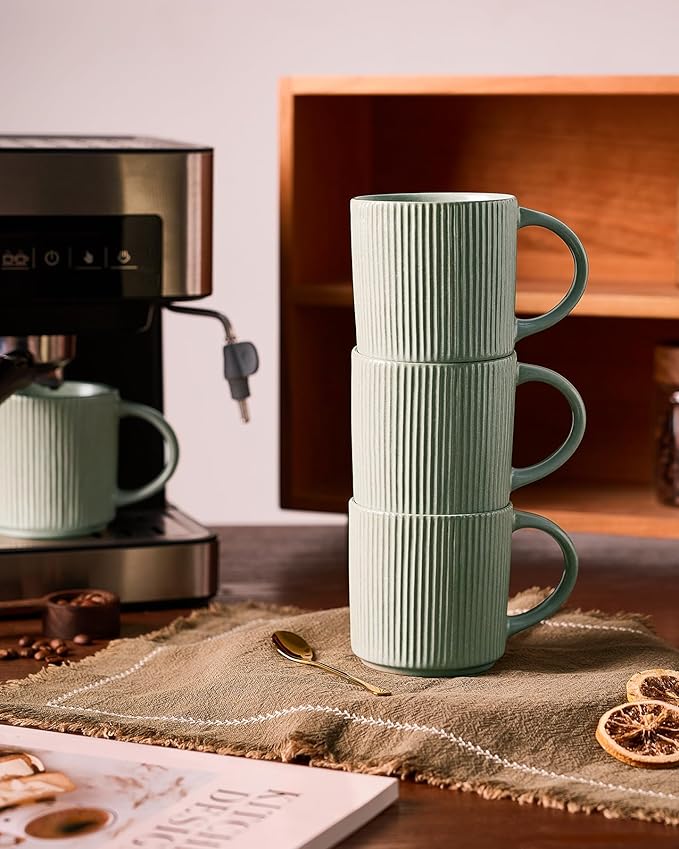 famiware Coffee Mug Set for 6, Star 12 oz Catering Mugs Cup Set with Handle for Coffee, Tea, Cocoa, Milk - Ceramic Stoneware Drinkware Set, Matte Green-Ruum Studio Home