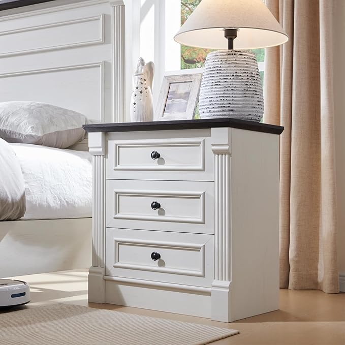 26" Tall Farmhouse Nightstand, 3 Drawers End Table w/Charging Station, 23.6" Wide Large Side Table w/Roman Column, Wood Rustic Sofa Table for Bedroom, White-Ruum Studio Home