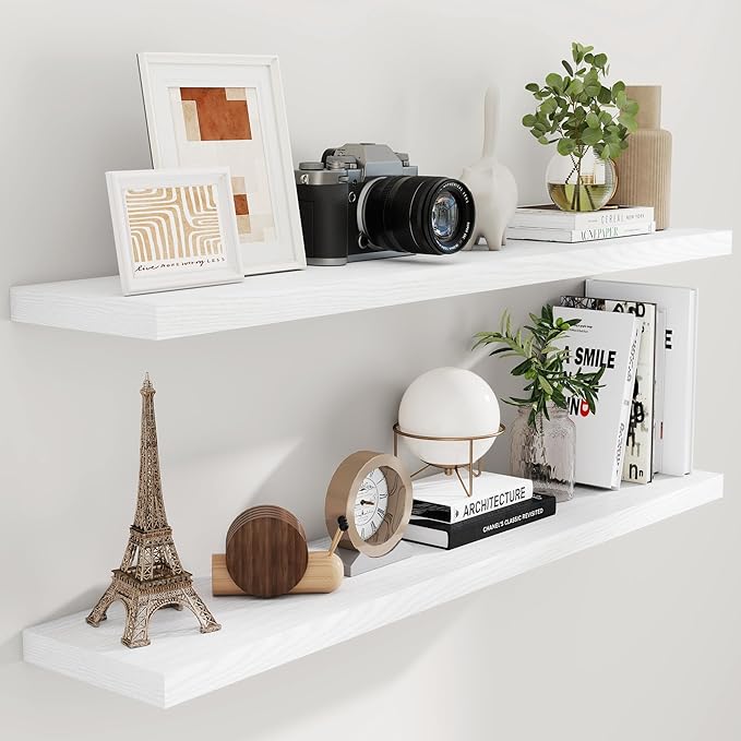Fun Memories Floating Shelves 55 Inch Set of 2, White 55 x 9 Wall Shelves for Home Decor Storage, Rustic Wood Floating Shelf for Wall, 9 Inch Deep Shelving for Bathroom, Living Room, Kitchen-Ruum Studio Home