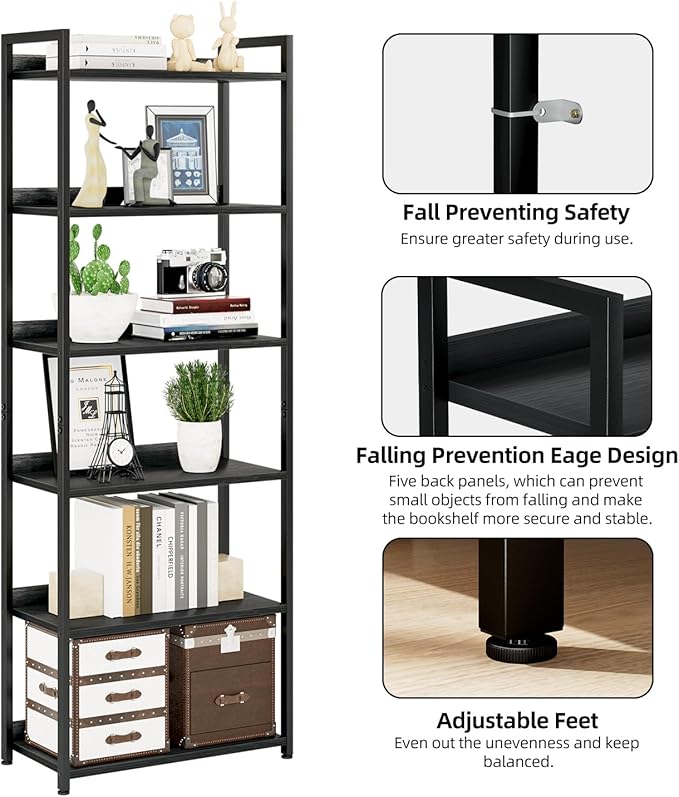 NUMENN Bookshelf, 6 Tier Bookshelves, Home Office Bookcase Shelf Storage Organizer, Free Standing Storage Shelving Unit for Bedroom, Living Room and Home Office, Black-Ruum Studio Home