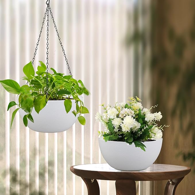 10 inch Hanging Planters for Indoor Outdoor Plants, 2 Pack Hanging Flower Pots with Drainage Holes and Chain for Garden Balcony Porch, Round Plastic Hanging Baskets for House Plants, White-Ruum Studio Home