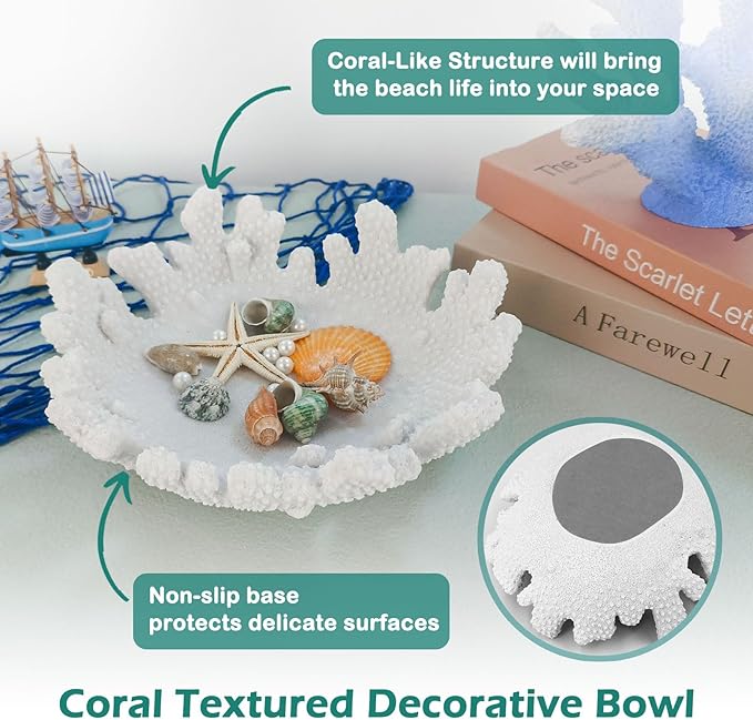 Accessoryway White Coral Textured Decorative Bowl,9.45" Medium Resin Decorative Centerpiece Bowl for Coastal Beach theme house table centerpiece decorations & Nautical decorations for coffee table-Ruum Studio Home