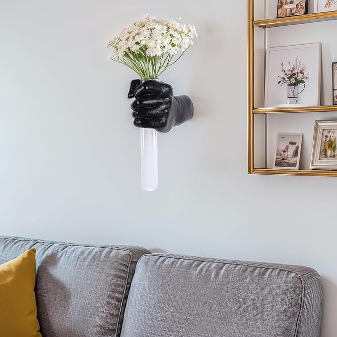 Black Wall Sculptures, Hand Vases Home Decor, Wall Mount Art Sculpture, Unique Wall Art Statue, Funky Flower Vase Decorations, Modern Eclectic Hanging Decor,Glass Test Tube Vase-Ruum Studio Home