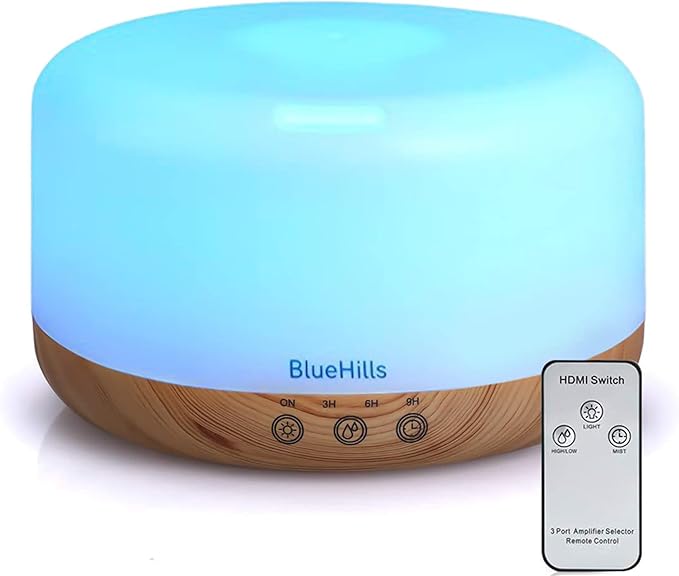 BlueHills Premium 1000 ML XL Essential Oil Diffuser Aromatherapy Humidifier with Remote Timer for Large Room Home 18 Hour Run Huge Coverage Area 1 Liter Mood Light Extra Large Capacity Wood Grain D004-Ruum Studio Home