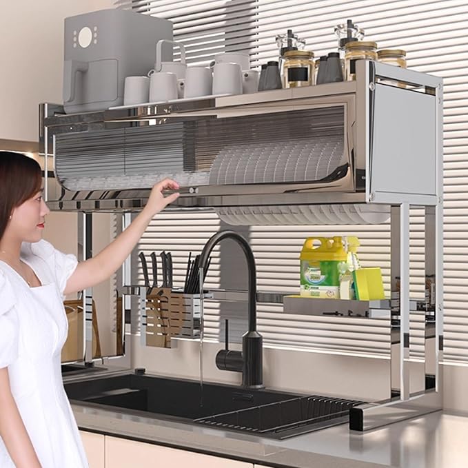 Home Furnishing Dish Rack Over Sink Stainless Steel Over The Sink Dish Drainer Drying Rack Space Kitchen Sink Rack Multifunctional countertop Dish Storage Rack Sink(Metallic,95cm/37.4in)-Ruum Studio Home
