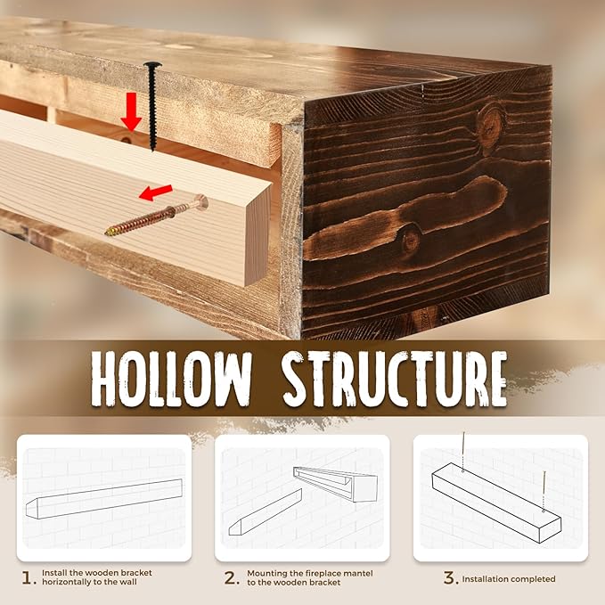 72x8x5 Fireplace Mantel - Handcrafted Hollow Rustic Solid Wood Wall Mounted Floating Shelf with Invisible Heavy Duty Wood Bracket (Weathered Brown)-Ruum Studio Home