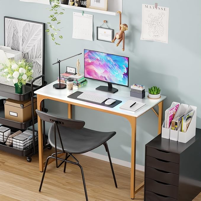 PayLessHere | 39 Inch Computer Desk | White Gold | Office Desk with Metal Frame, Adjustable Feet | Water-Resistant, Scratchproof Surface | Sturdy Writing Table for Home Office or Study | Pack of 1-Ruum Studio Home