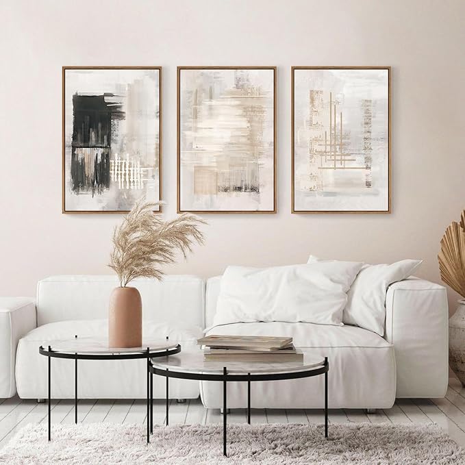 HPINUB Modern Abstract Canvas Wall Art, Set of 3 Framed Art Prints, Black and White Large Wall Painting, 16x24inch Neutral Minimalist Wall Decor for Living Room, Bedroom, Dining Room, Office, Bathroom-Ruum Studio Home