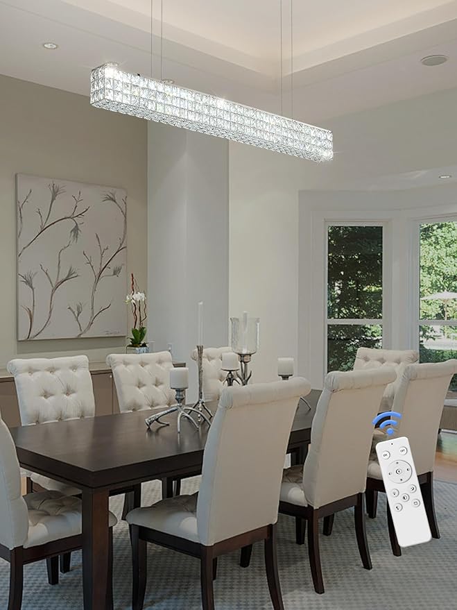 Modern Crystal Chandelier Silver Rectangular Crystal Chandelier Contemporary Linear Pendant Ceiling Light Fixture for Living Dining Room Kitchen Island (L 40")-Ruum Studio Home