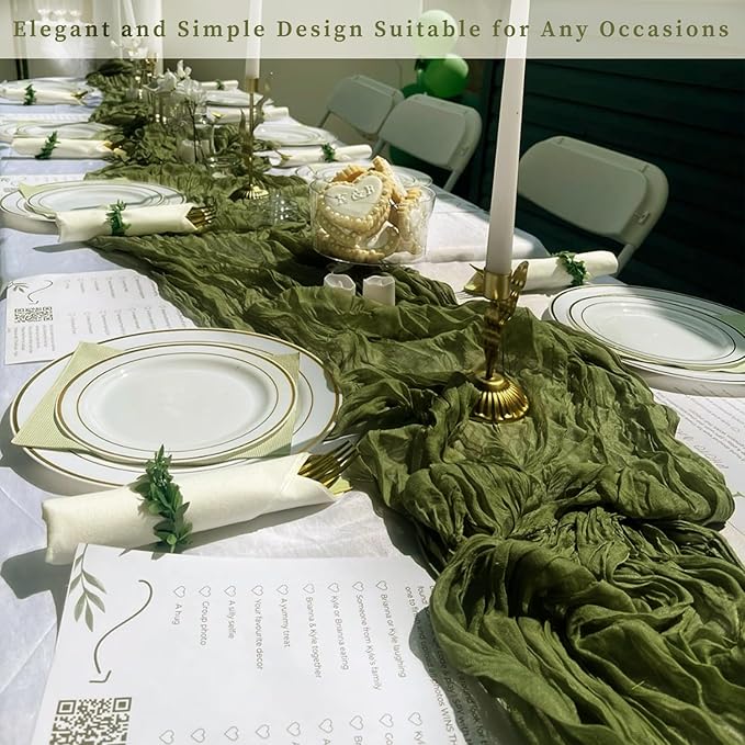 20 Pack Olive Green 10FT Cheesecloth Table Runner Rustic Gauze Cheese Cloth Table Runner for Wedding Bridal Baby Shower Table Decorations Boho Fabric Sheer Birthday Party Decor 20 x 120 Inch Long-Ruum Studio Home