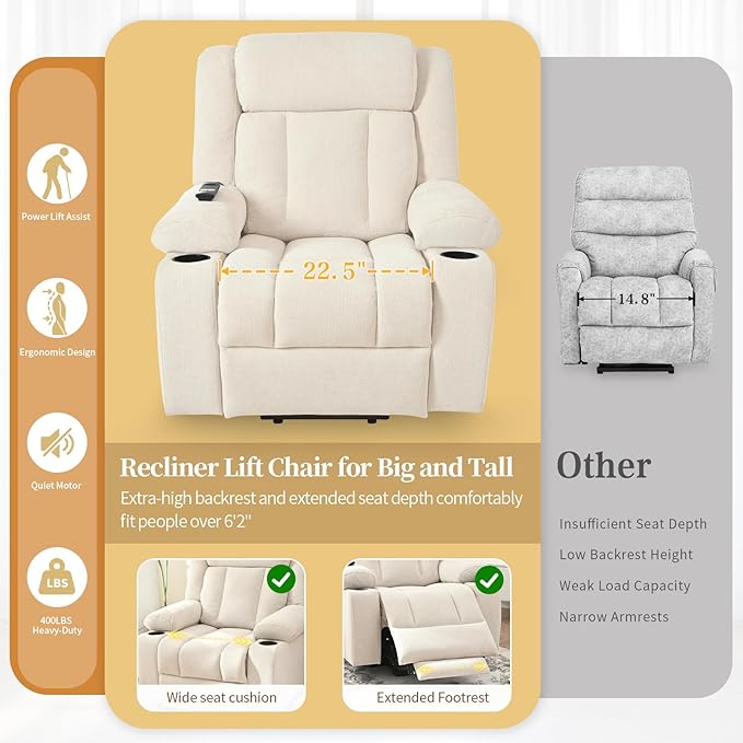 Oversize Power Lift Recliner Chair for Big and Tall with Extended Footrest, Large Electric Lift Chairs, 400lbs Capacity, Remote Control, Cup Holders & Side Pockets-Ruum Studio Home