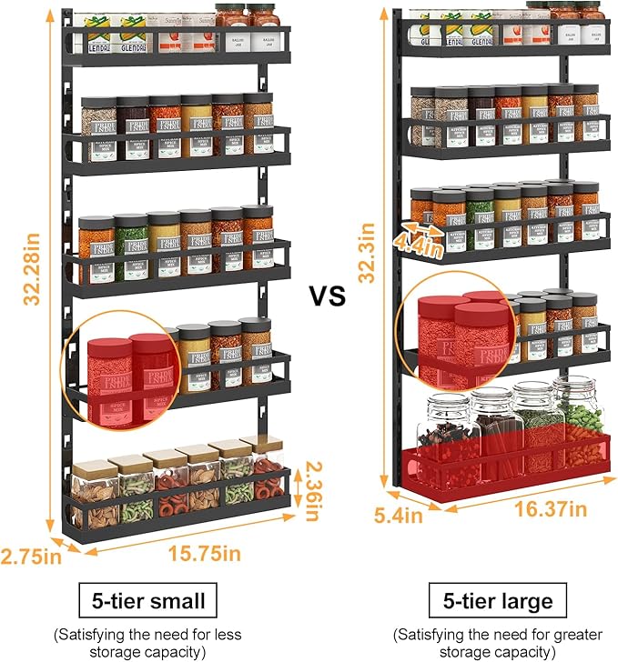X-cosrack 5-Tier Small Wall-Mounted Spice Rack Organizer, Height-Adjustable, Space-Saving Compact Design for Kitchen Pantry Cabinet, Black-Ruum Studio Home