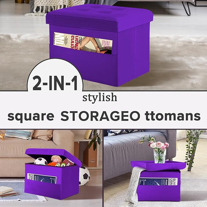 LINMAGCO Storage Ottoman Folding Foot Stool Foot Rest with Side Pocket Modern Ottoman with Storage Short Sofa Stool Velvet 17x13x13(Purple)-Ruum Studio Home