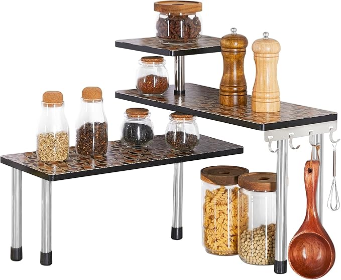 HYNAWIN 3-Tier Countertop Shelf,Desktop Storage and Organization,Bamboo Corner Shelf Over the Table With Printed Pattern-Adjustable Rack with Double Legs for Kitchen,Bed Room, Office-Ruum Studio Home