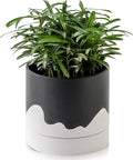 Nihow Ceramic Plant Pot: 6 Inch Planter with Drainage Hole & Saucer for Indoor & Outdoor Plants - Cylinder Round Flower Pot for Succulent/Herbs/Violets - Black & Wave White-Ruum Studio Home