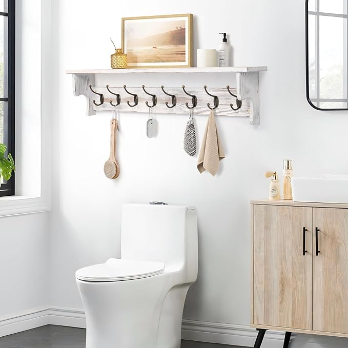 BECHAEO 35.8'' Wood Coat Rack Wall Mount with Shelf, White Wall Coat Rack with Hooks, Farmhouse Rustic Coat Hooks for Entryway Bathroom Hallway Kitchen Bedroom-Ruum Studio Home