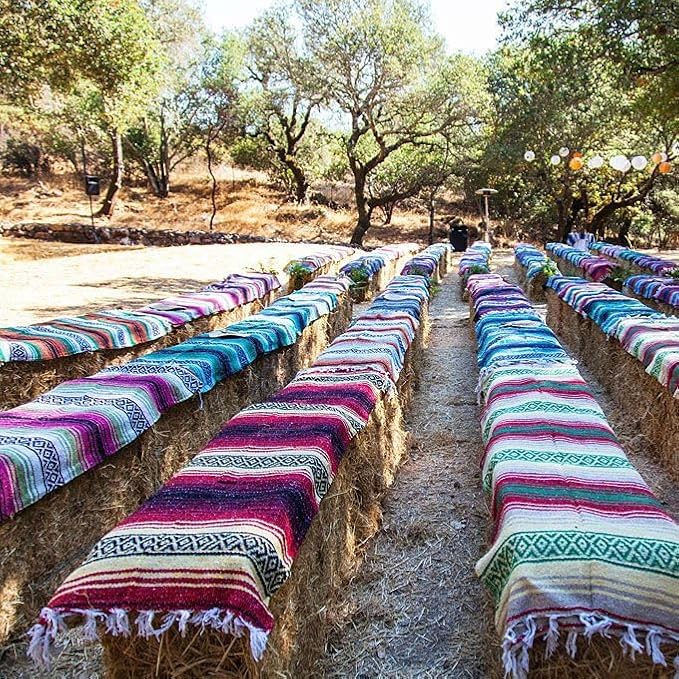 Del Mex Classic Mexican Blanket, Large Authentic Woven Falsa Throw (70"x50"), Artisan Southwest Décor for Beach, Yoga, Outdoors (Mint/Tan/Pink)-Ruum Studio Home