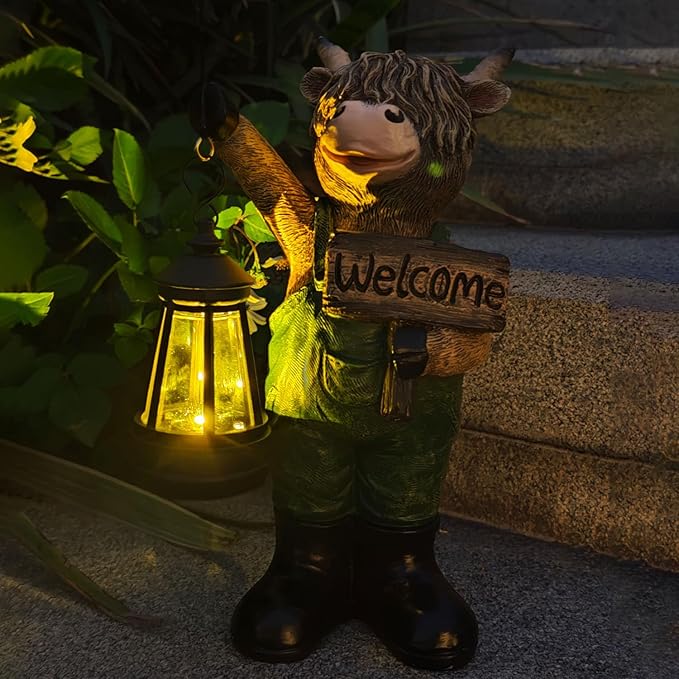 Solar Garden Decor Statues: Handmade Resin Statue with LED Light,Highland Cow Figurine Outdoor Garden Decor Unique Gifts for Women, Mom, Grandma (Green cow1)-Ruum Studio Home