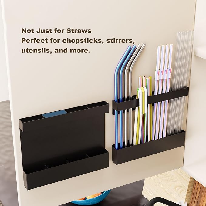 Magnetic & Adhesive Straw Organizer – Carbon Steel Utensil Holder for Reusable Straws, Chopsticks & Stirrers – Wall or Fridge Mount, Space-Saving Black Storage Rack-Ruum Studio Home