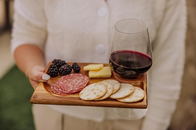 PICNIC TIME Rectangle Wine Appetizer Plates Set of 4, Cocktail Plate with Glass Holder, Cheese Board with Wine Holder, (Acacia Wood)-Ruum Studio Home