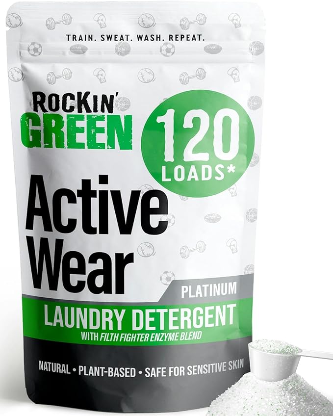 Rockin' Green Laundry Detergent, Plant based, All Natural Laundry Detergent Powder, Vegan and Biodegradable Odor Fighter, Safe for Sensitive Skin (Active Wear 120 Loads - Unscented)-Ruum Studio Home