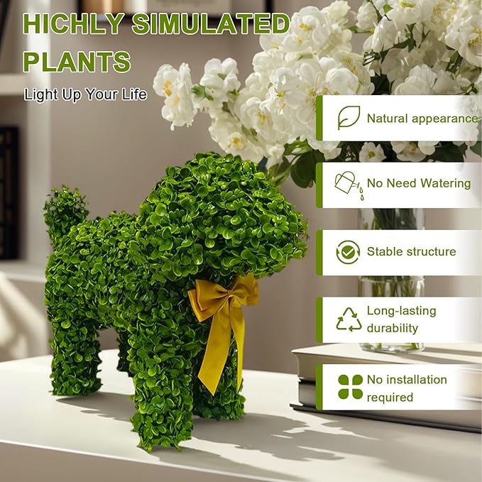 2 Pcs Artificial Bunny Shaped Topiary Trees, Artificial Green Boxwood Bunny Decorations with Gold Bow, Perfect for Indoor & Outdoor Front Porch, Easter& Garden Decor (Boxwood Dog Tree)-Ruum Studio Home